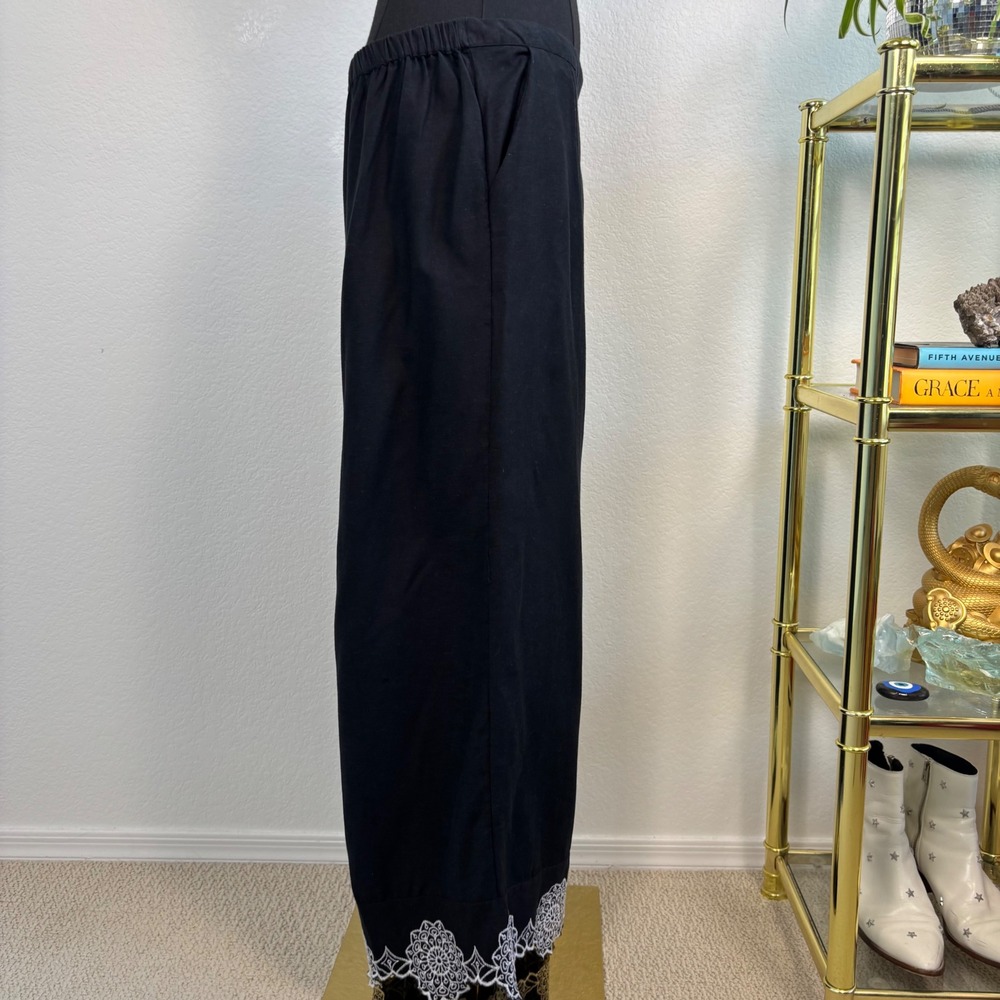 Midnight Sky Black Linen Blend Wide Leg Crop Pants White Lace Hem, Large Lagen - Picture 15 of 16